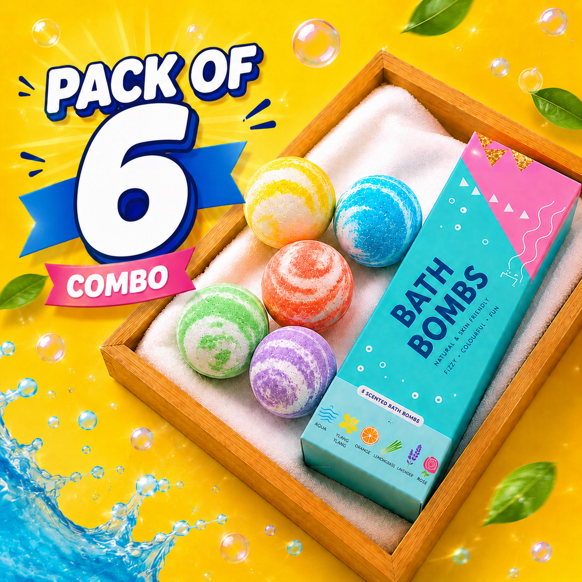 Natural Colorful Bath Bombs for Kids- Pack Of 6